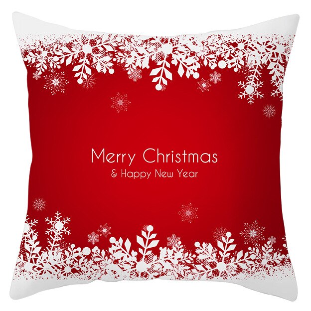 45cm by 45cm red pillowcase with snowflakes on top and bottom that reads "Merry Christmas & Happy New Year"