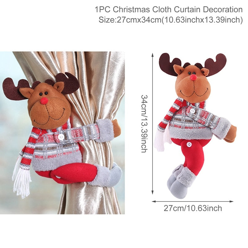  34cm by 27cm Christmas elk curtain holder with red pants and grey and red boots, sweater, scarf, and hat