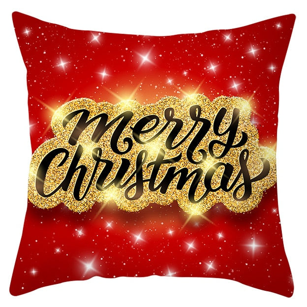 45cm by 45cm red pillowcase with gold stars and center that says "Merry Christmas"