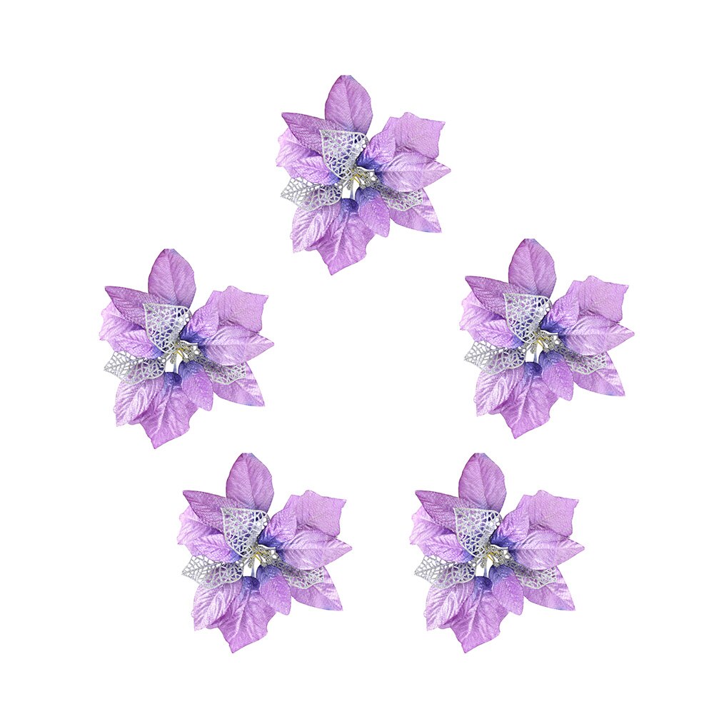 Five fourteen cm purple artificial Christmas flowers with a blue center on a white background.