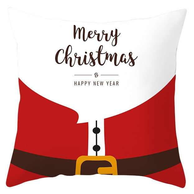 45cm by 45cm red and white pillowcase showing Santa's belat and reads "Merry Christmas & HAPPY NEW YEAR"