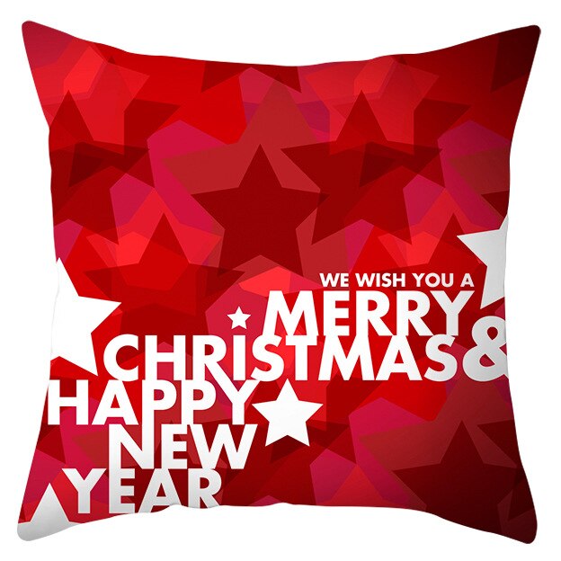 45cm by 45cm red pillowcase with multiple red stars and reads "WE WISH YOU A MERRY CHRISTMAS & A HAPPY NEW YEAR"