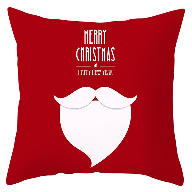 45cm by 45cm red pillowcase with Santa beard and letters that read "Merry Christmas & Happy New Year" that make up the face