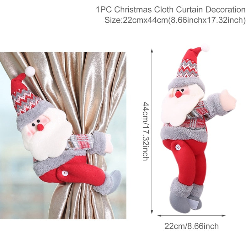 44cm by 22cm Christmas Santa curtain holder with red pants and grey and red boots, sweater, scarf, and hat