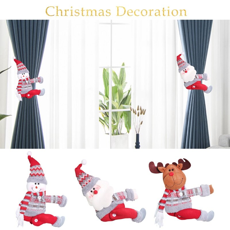 Christmas Santa and Snowman curtain holders with red pants and grey and red boots, sweater, scarf, and hat displayed on both sides of a window