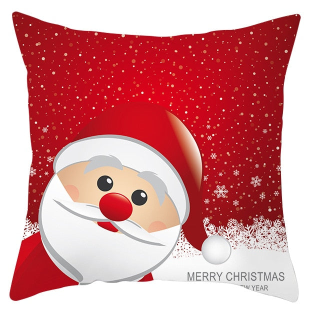 45cm by 45cm red pillowcase with Santa in the corner while snow falls 