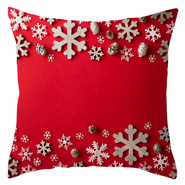 45cm by 45cm red pillowcase with grey snowflakes and pinecones