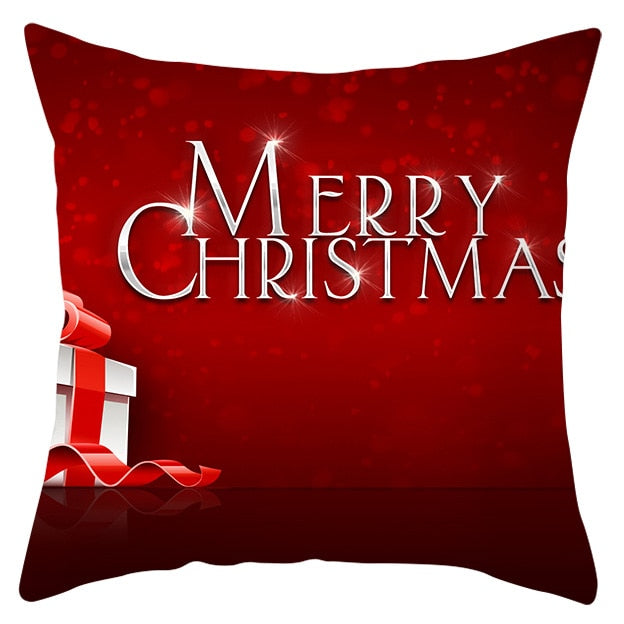 45cm by 45cm red pillowcase with white present with red ribbon and reads" MERRY CHRISTMAS"