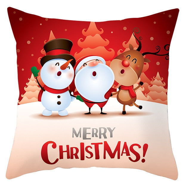 45cm by 45cm red pillowcase with Snowman, Santa, and Reindeer wishing "Merry Christmas"