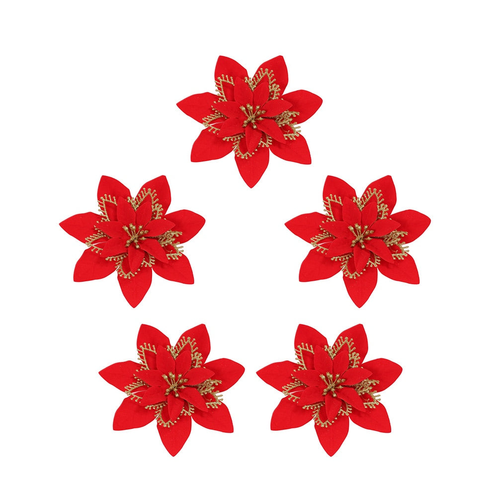 Five fourteen cm red artificial Christmas flowers on a white background.