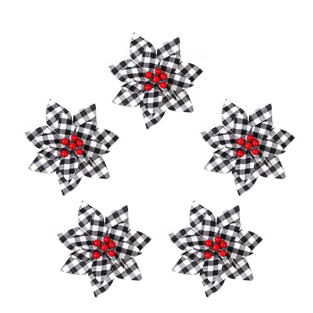 Five fourteen cm dark grey artificial Christmas flowers with a red center on a white background.