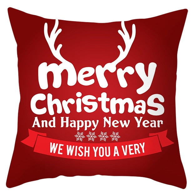 45cm by 45cm red pillowcase that reads " We Wish You a Very Merry Christmas And a Happy New Year"