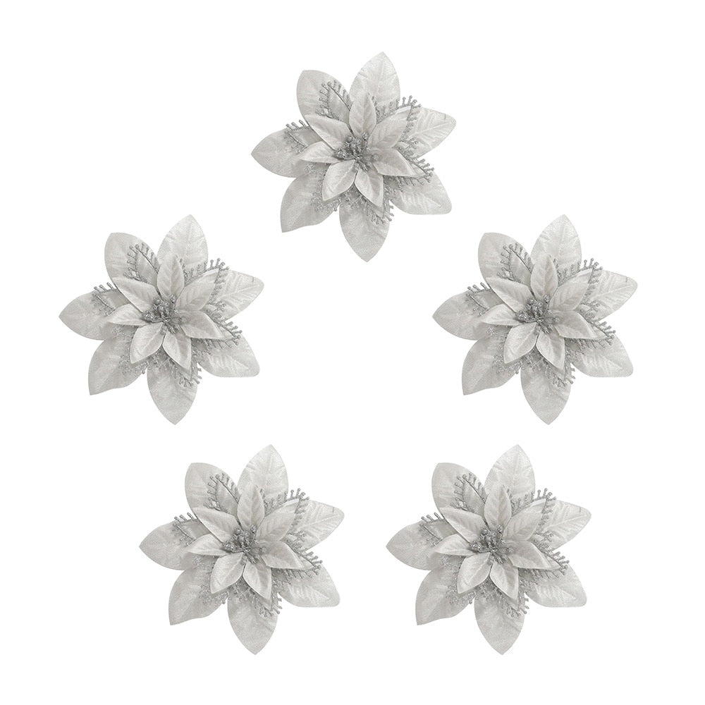 Five fourteen cm light grey artificial Christmas flowers on a white background.