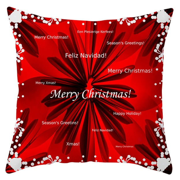  45cm by 45cm red pillowcase with a large black flower and multiple season greetings