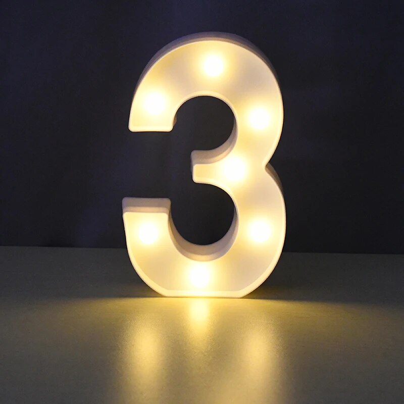 Number 3 nightlamp illuminated by yellow LED's on a black background