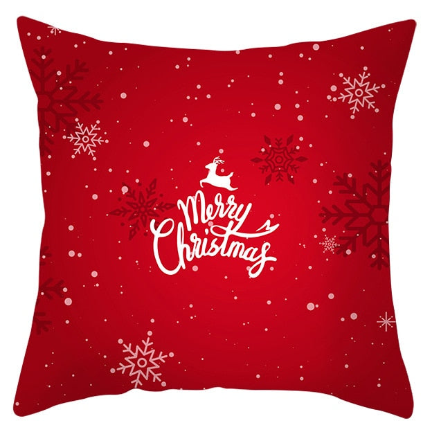 45cm by 45cm red pillowcase with black and white snowflakes and reads "Merry Christmas"