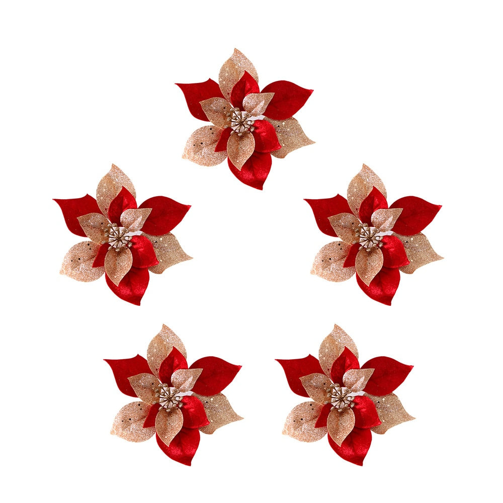 Five fourteen cm dark red artificial Christmas flowers with a bronze center on a white background.