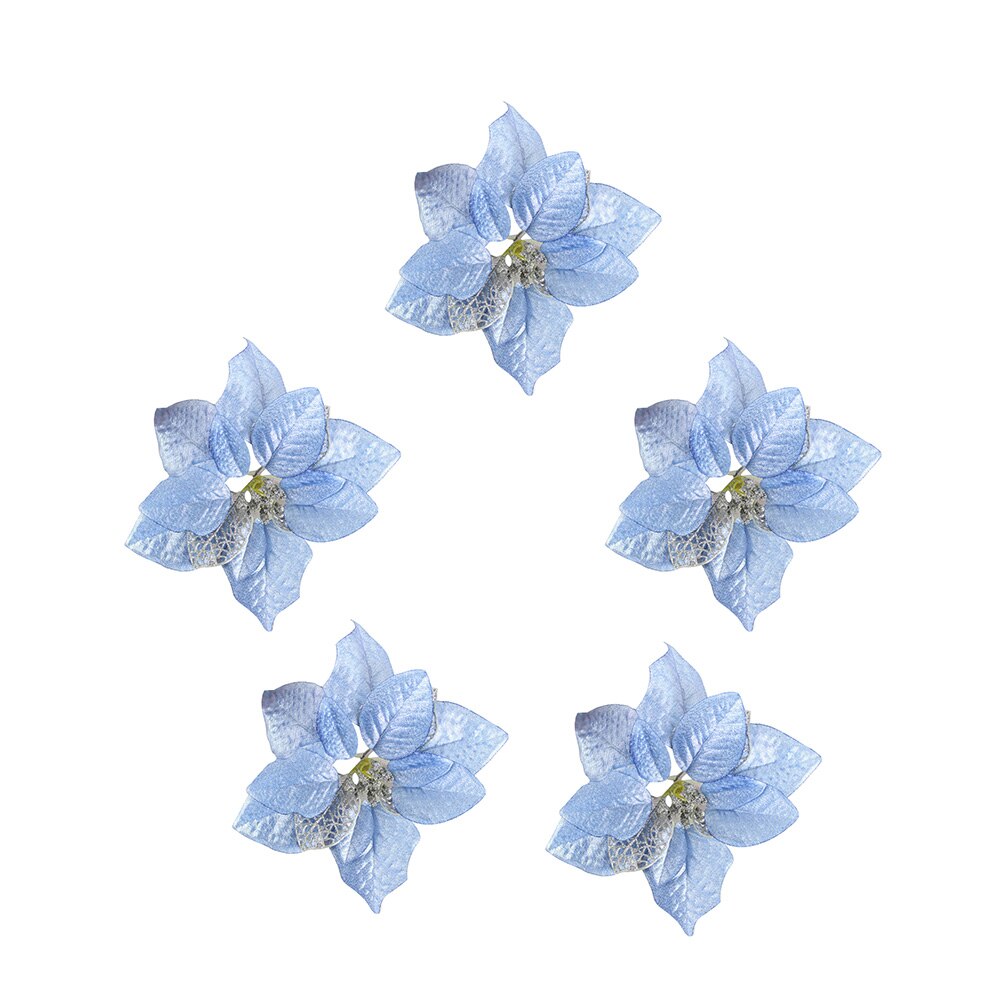 Five fourteen cm baby blue artificial Christmas flowers with a grey center on a white background.