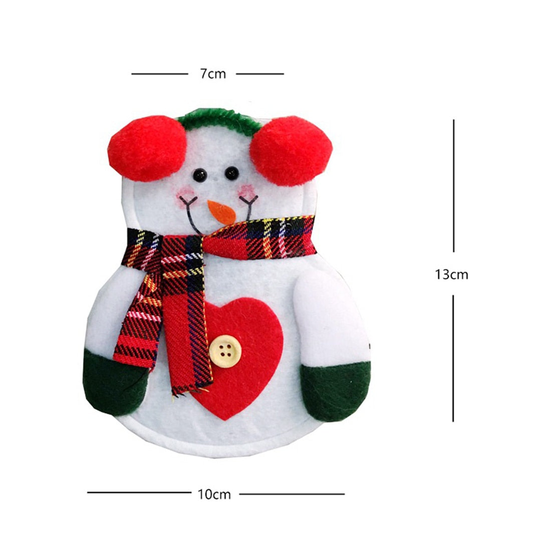 10cm by 13cm snowman knife and fork cutlery pouch with red earmuffs, heart and scarf