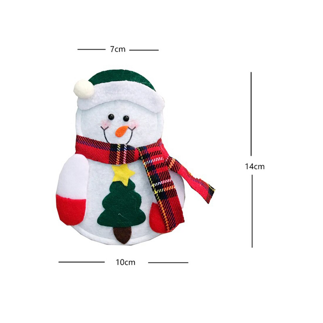 10cm by 14cm snowman knife and fork cutlery pouch with green Christmas tree and hat and a red scarf with dimensions