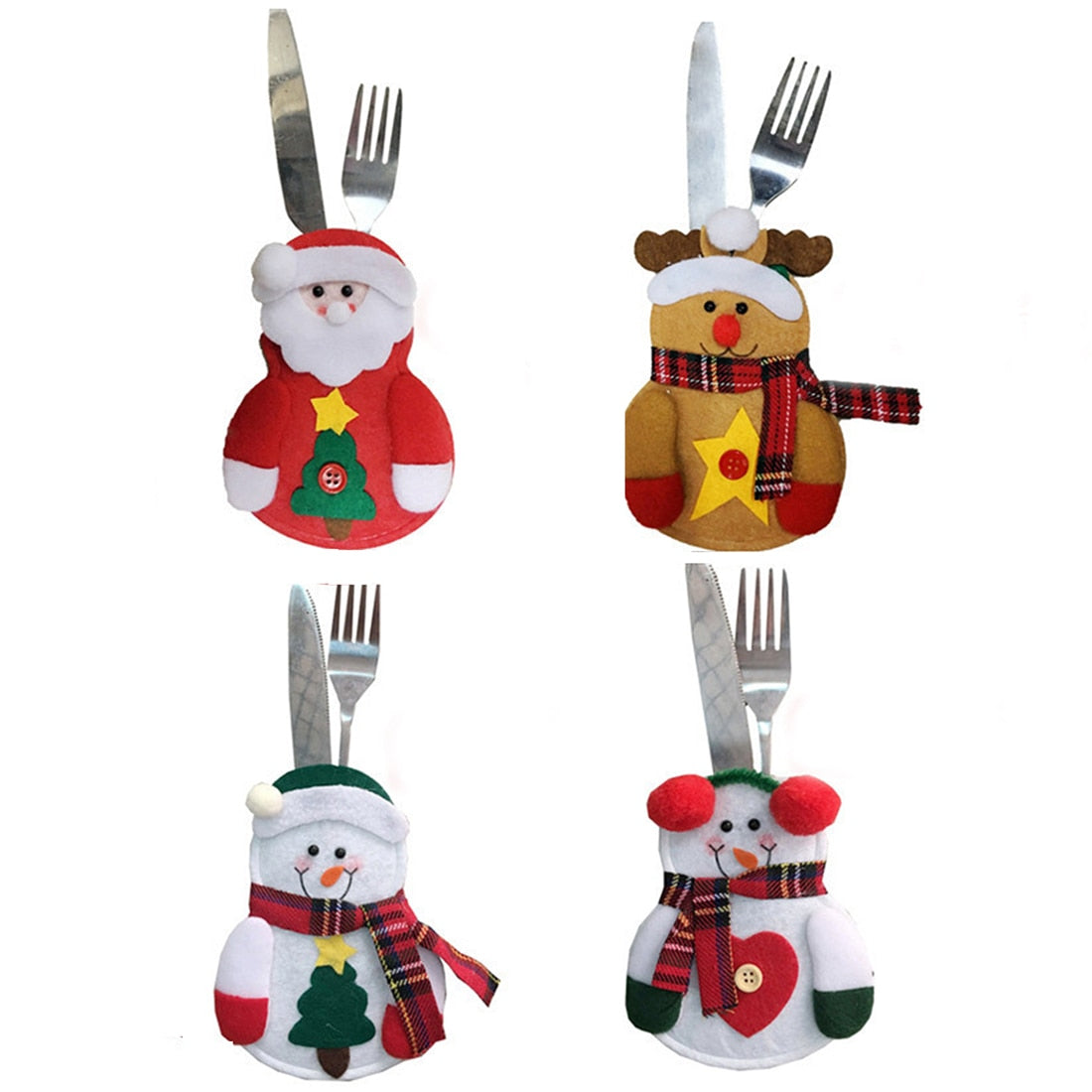 Santa, 2 snowmen, and reindeer Christmas silverware holiday pouches in two lines of two with a fork and knife in each