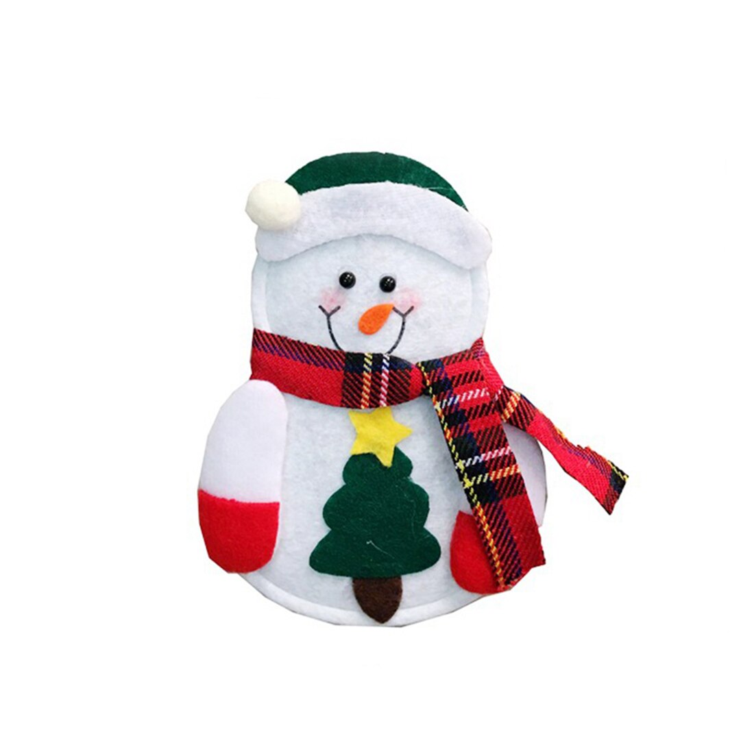 10cm by 14cm snowman knife and fork cutlery pouch with green Christmas tree and hat and a red scarf