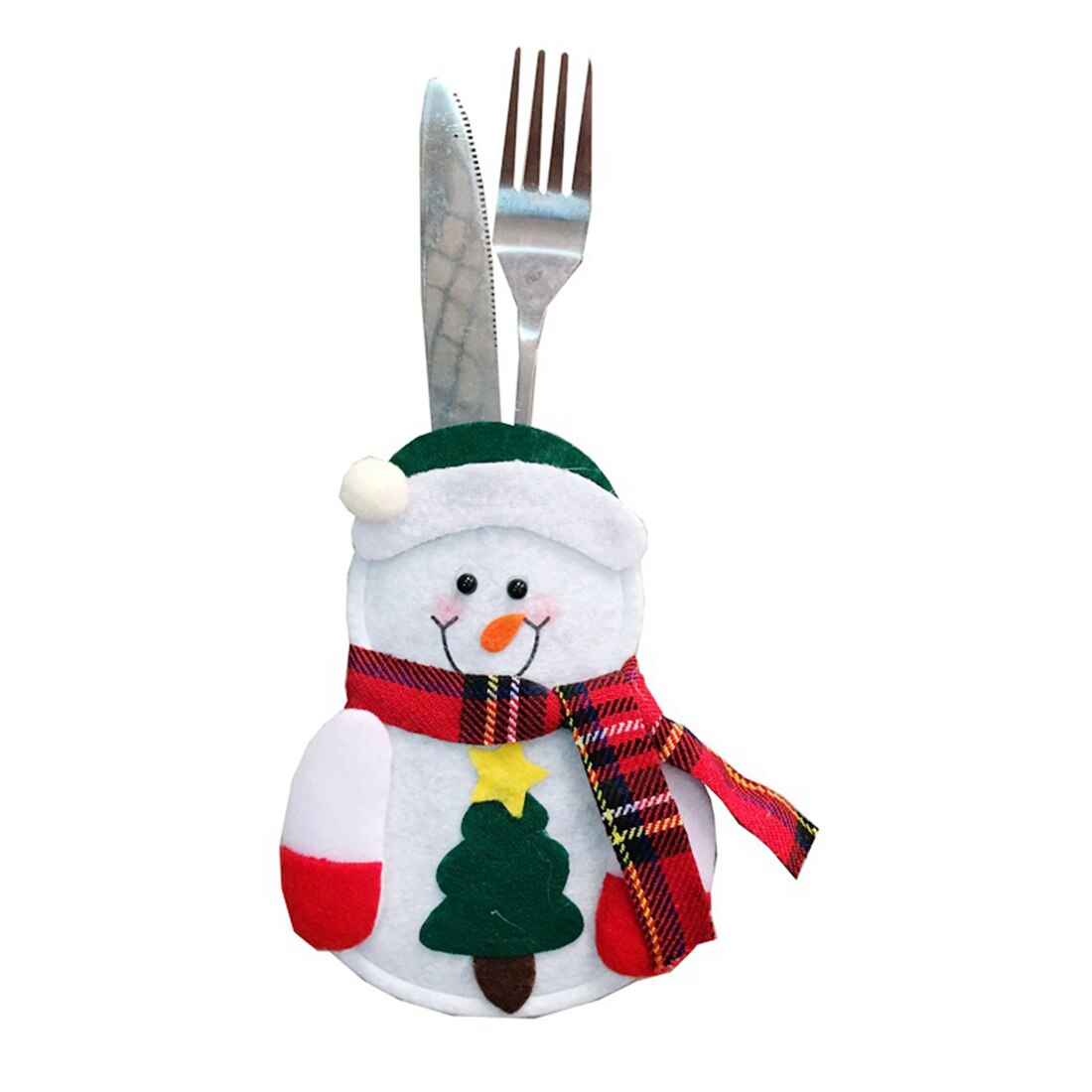 10cm by 14cm snowman knife and fork cutlery pouch with green Christmas tree and hat and a red scarf with a knife and fork inside