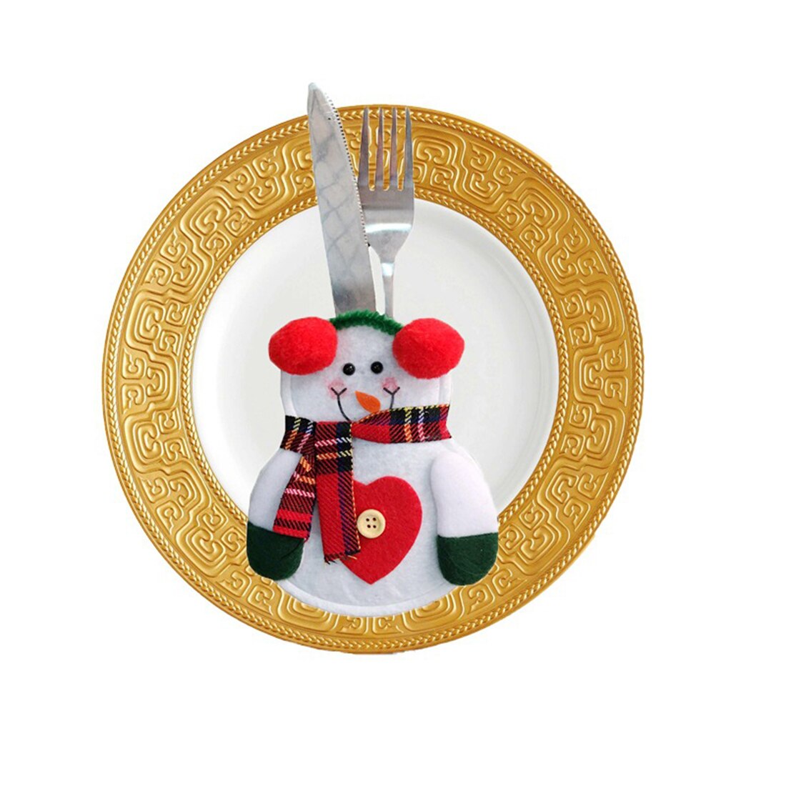 10cm by 14cm snowman knife and fork cutlery pouch with green Christmas tree and hat and a red scarf on a white plate with gold border