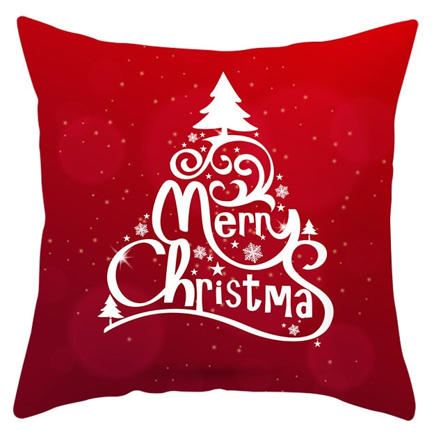  45cm by 45cm red pillowcase with a Christmas tree made out of the words "Merry Christmas'