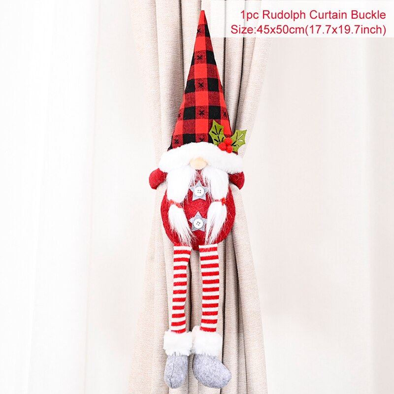 50cm by 45cm Christmas gnome curtain holder with grey boots, red and white striped pants, red shirt, and red and black checkered hat