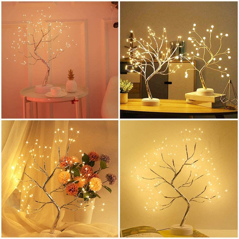 Four pictures of 108 warm white LED mini Cristmas tree night light on coffee tables in various positions