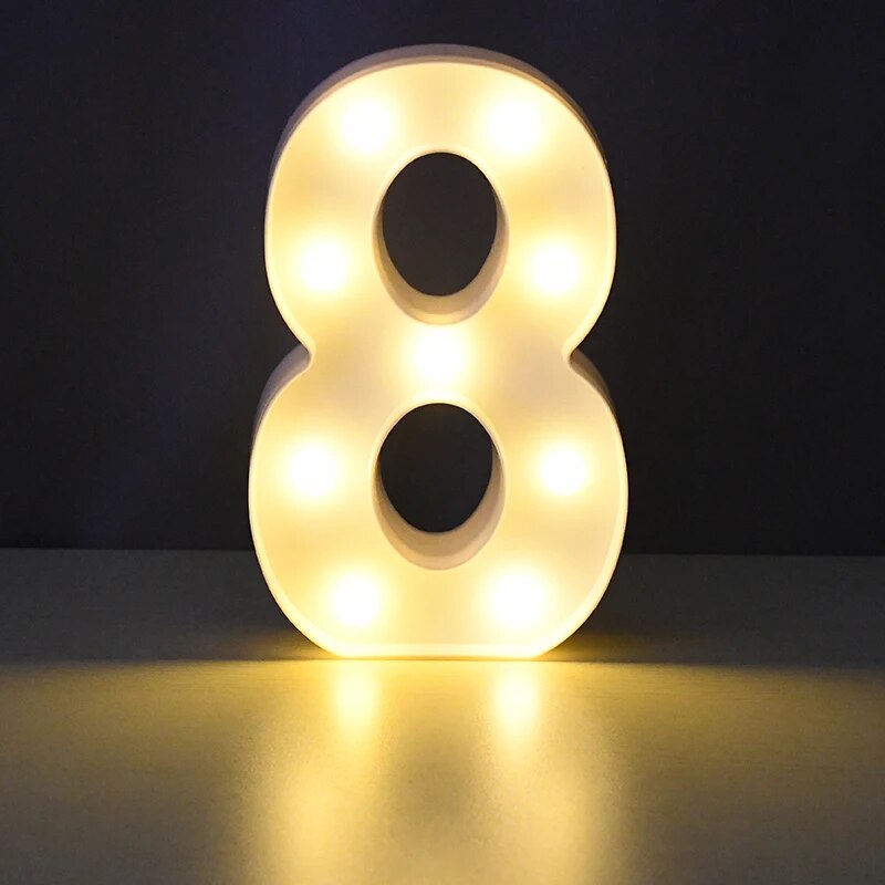 Number 8 nightlamp illuminated by yellow LED's on a black background