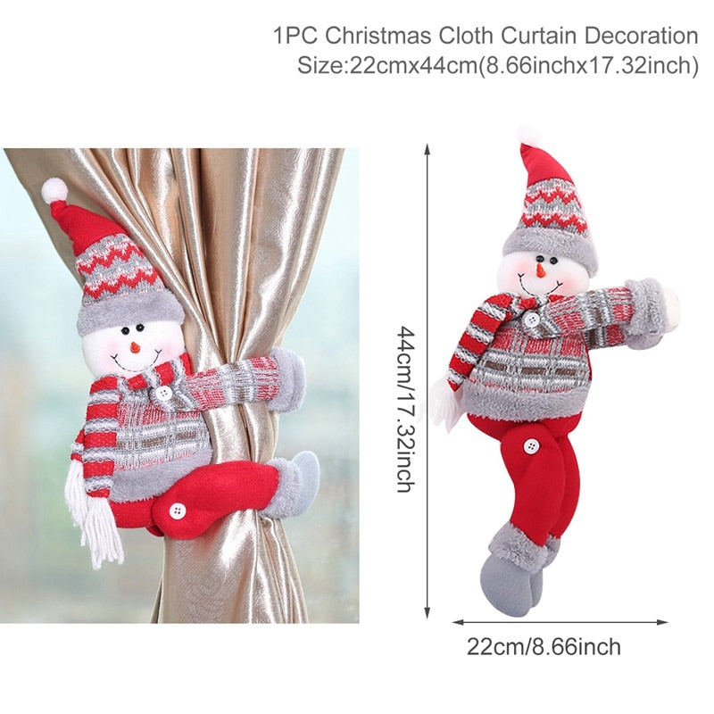 44cm by 22cmChristmas snowman curtainholder with red pants and grey and red boots, sweater, scarf, and hat