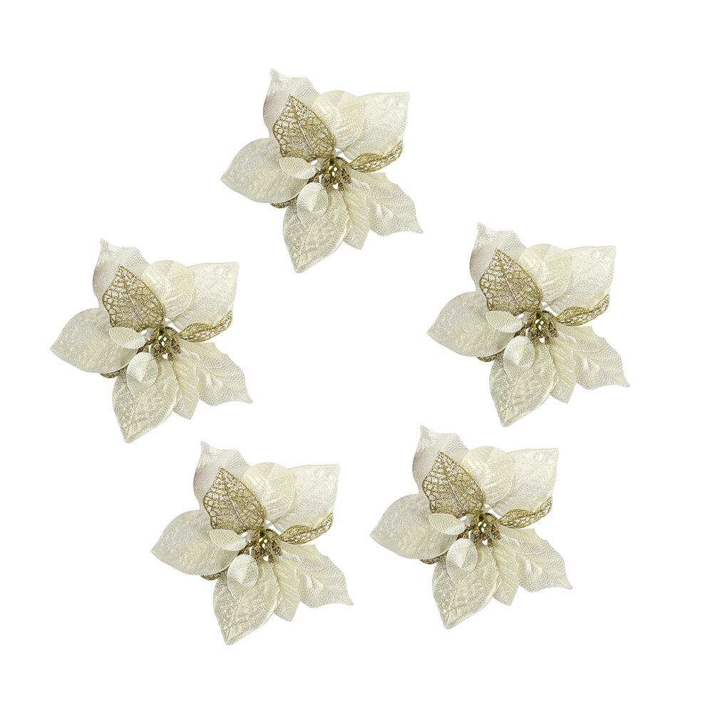 Five fourteen cm cream colored artificial Christmas flowers on a white background.