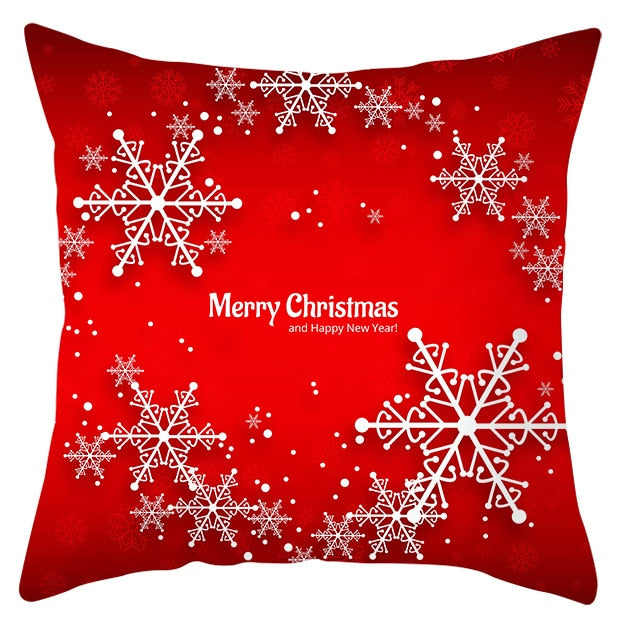 45cm by 45cm red pillowcase with white snowflakes that reads "Merry Christmas and a Happy New Year"