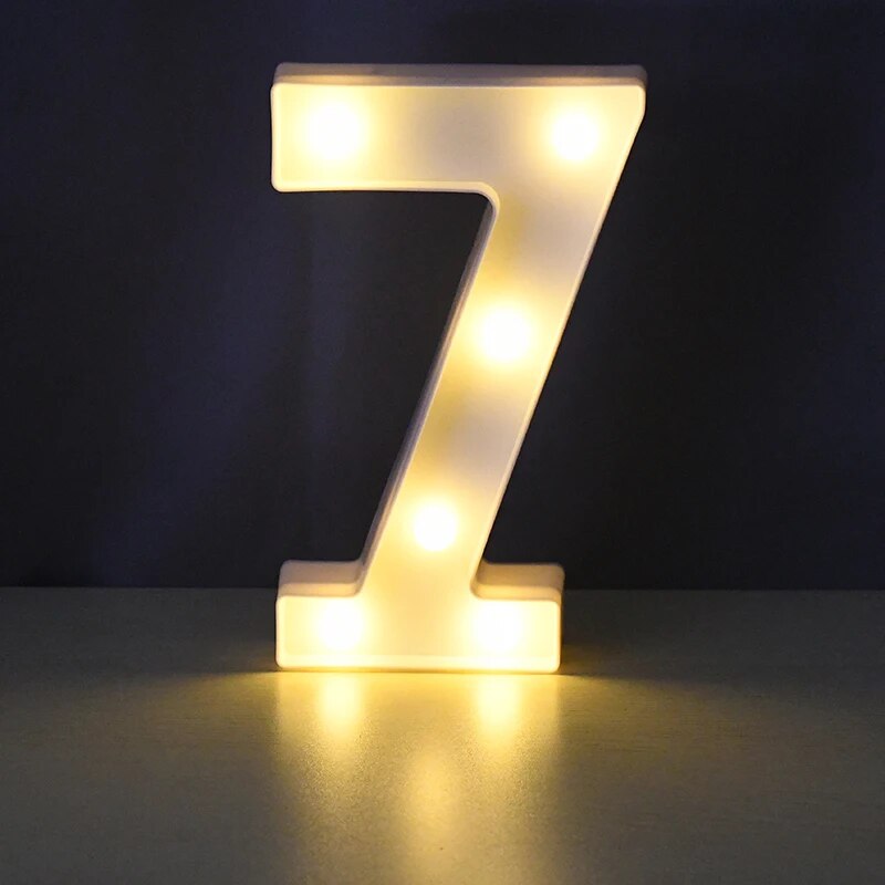 Number 7 nightlamp illuminated by yellow LED's on a black background