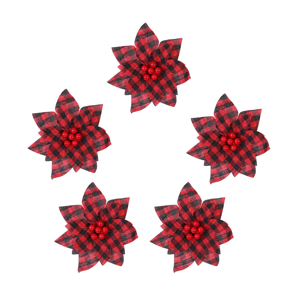 Five fourteen cm light maroon artificial Christmas flowers on a white background.