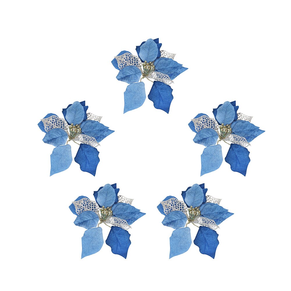 Five fourteen cm blue and grey artificial Christmas flowers on a white background.