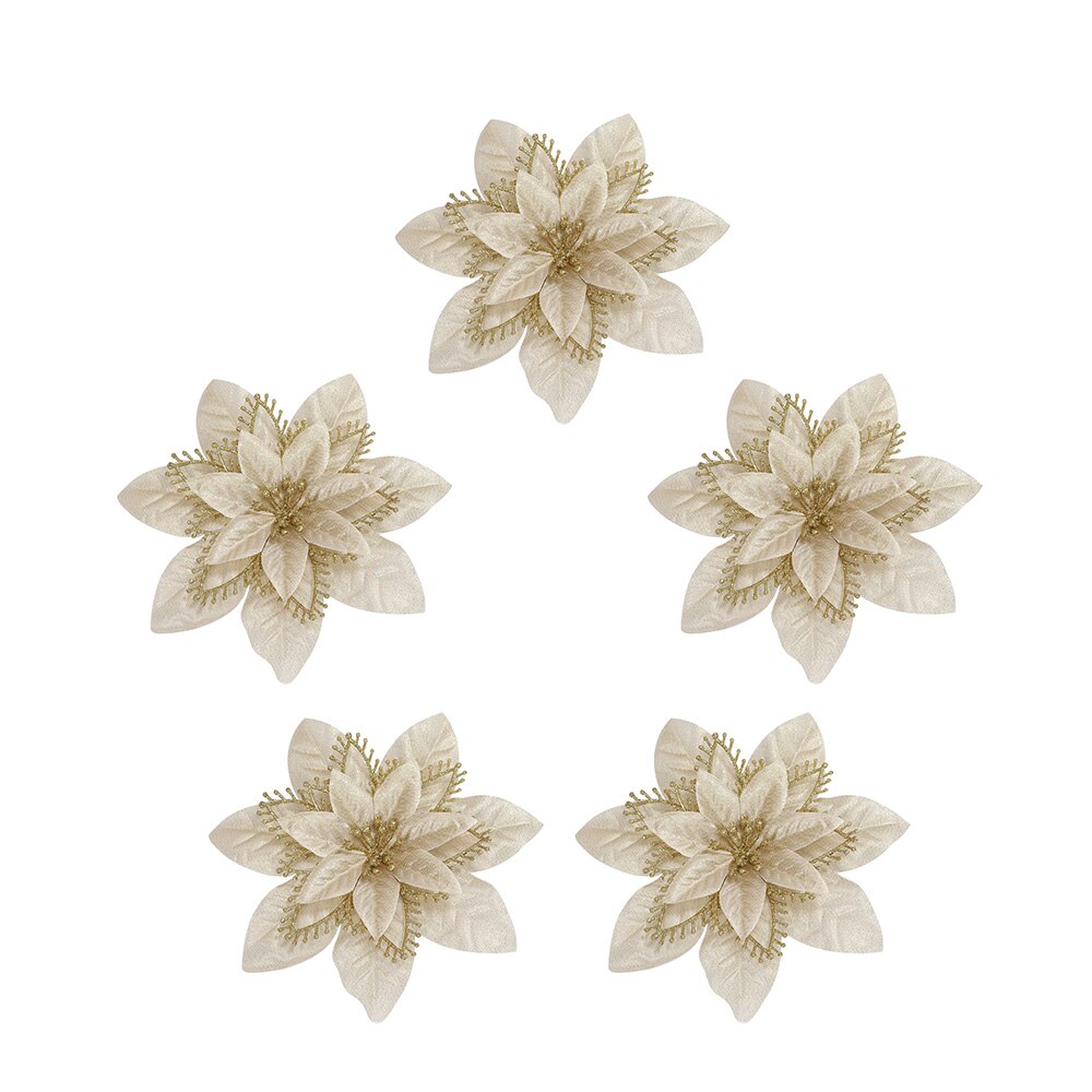 Five fourteen cm light bronze artificial Christmas flowers on a white background.