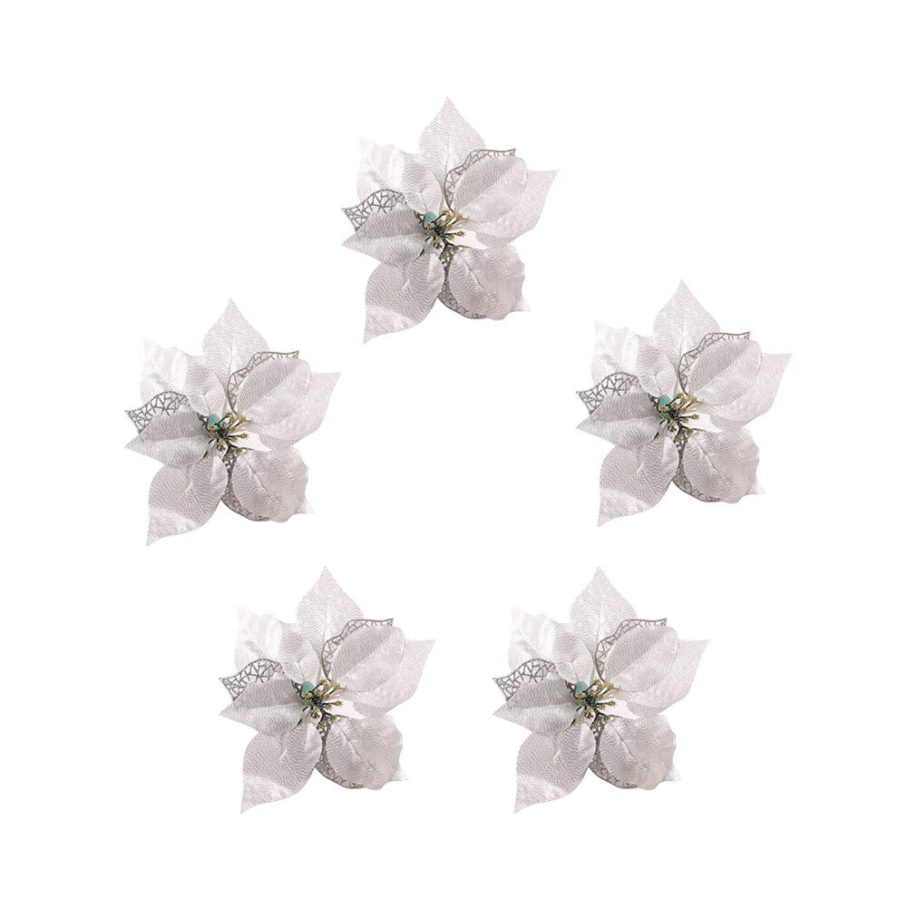 Five fourteen cm light grey artificial Christmas flowers with a dark grey center on a white background.