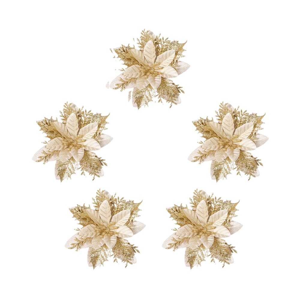 Five fourteen cm light bronze artificial Christmas flowers on a white background.