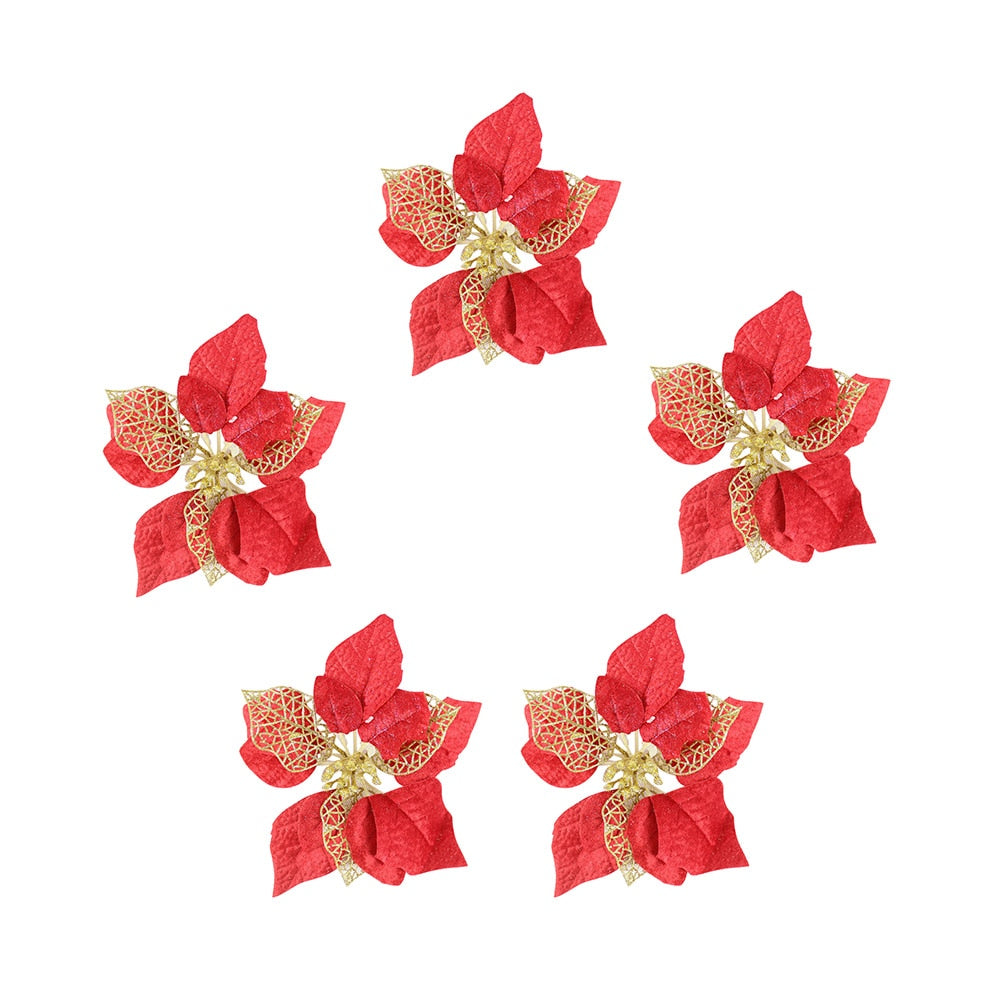 Five fourteen cm red artificial Christmas flowers with a light bronze center on a white background.