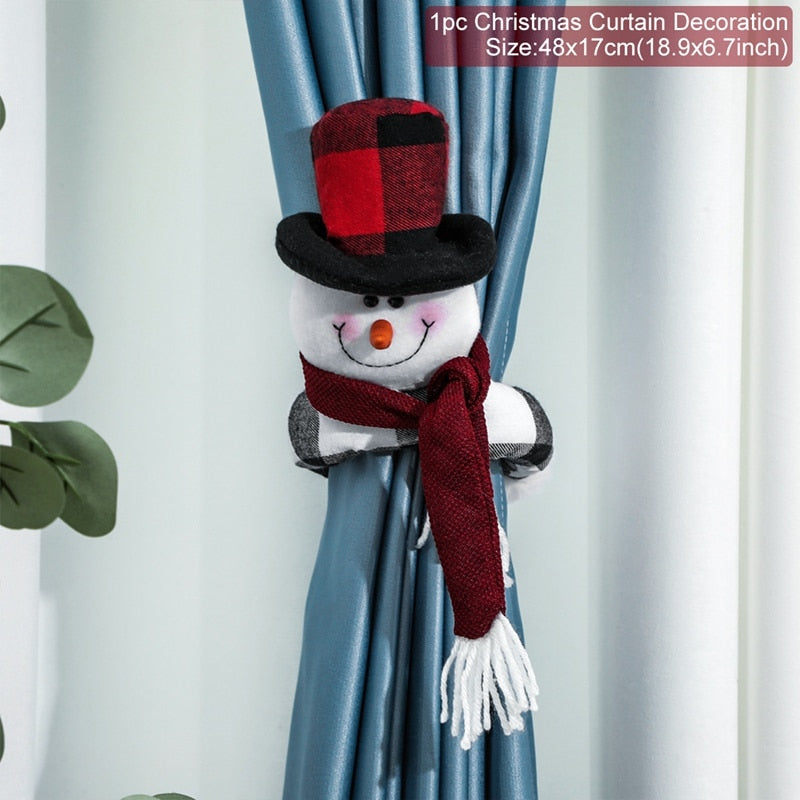 48cm by 17cm Christmas snowman curtain holder with dark red scraf and red and black checker top hat