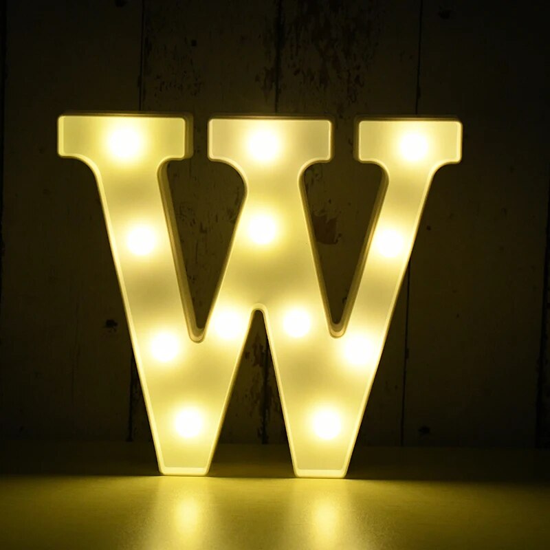 Capital letter W nightlamp illuminated by yellow LED's on a black background