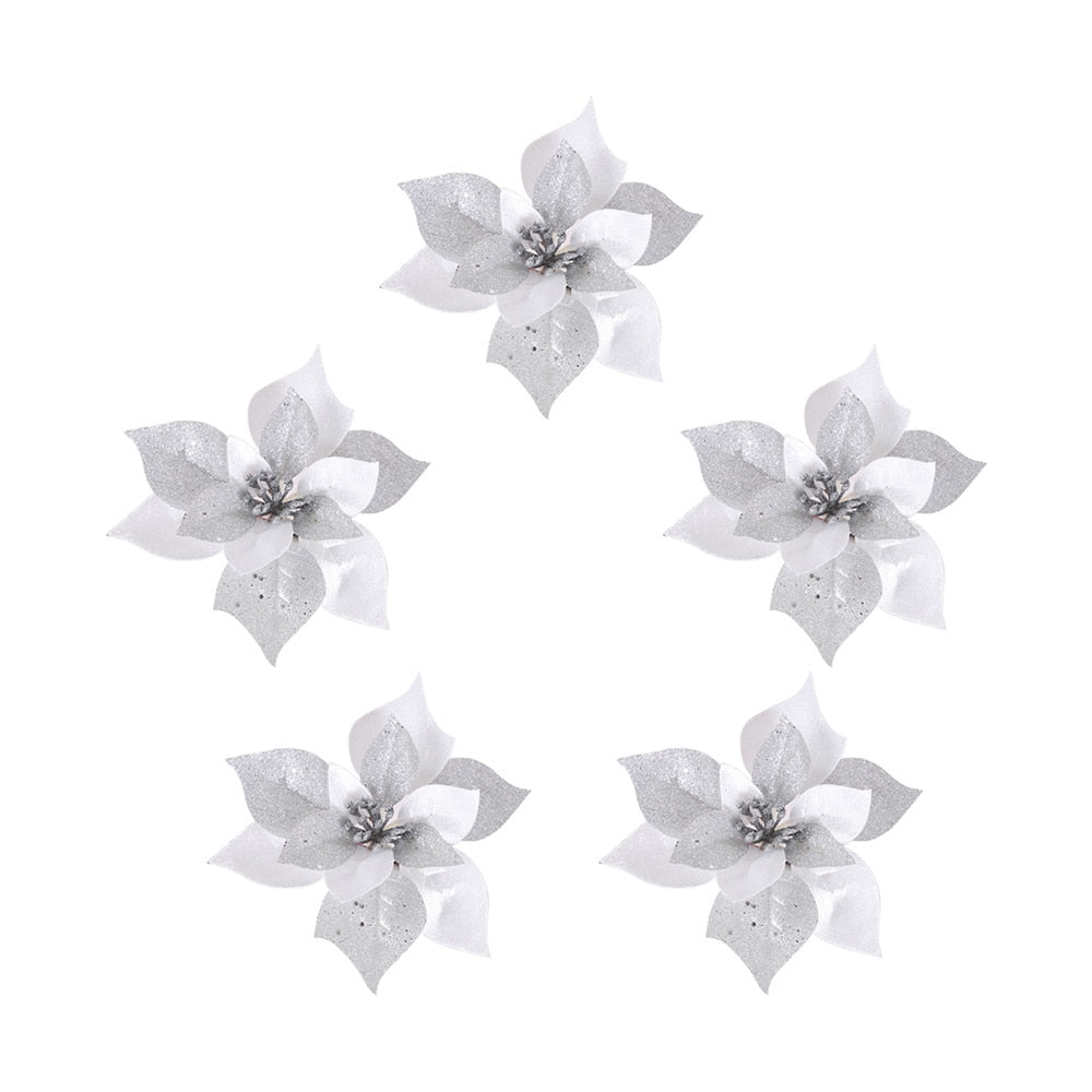 Five fourteen cm grey and white red artificial Christmas flowers on a white background.