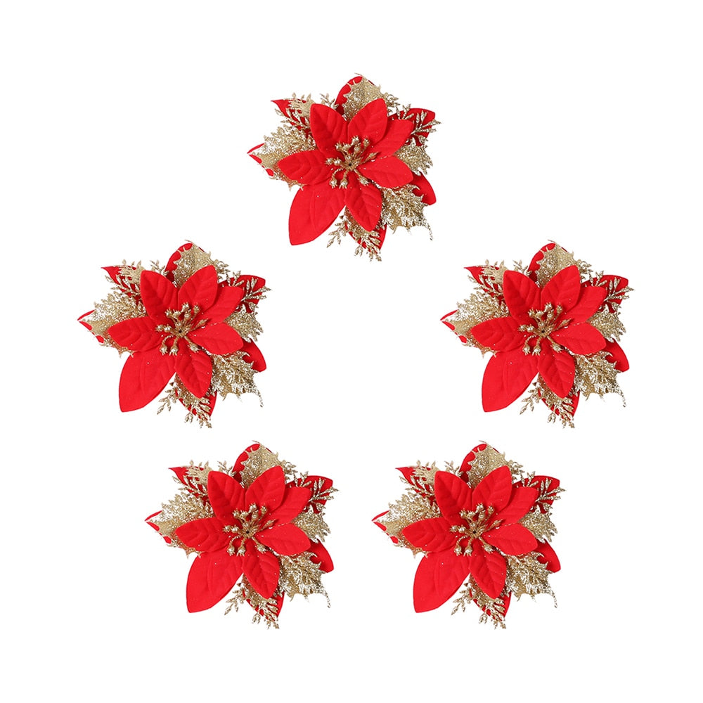 Five fourteen cm red artificial Christmas flowers on a white background.