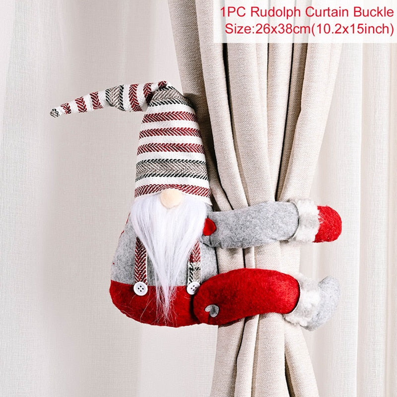 26cm by 38cm grey pants white shirt white, grey and red striped hat Christmas gnome curtain holder