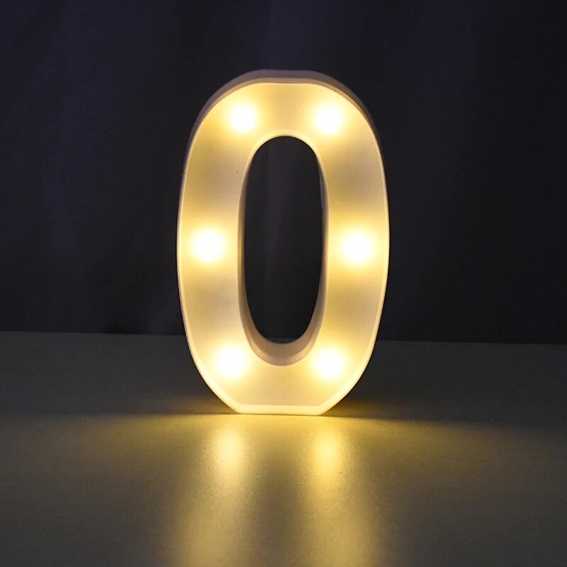 Number 0 nightlamp illuminated by yellow LED's on a black background