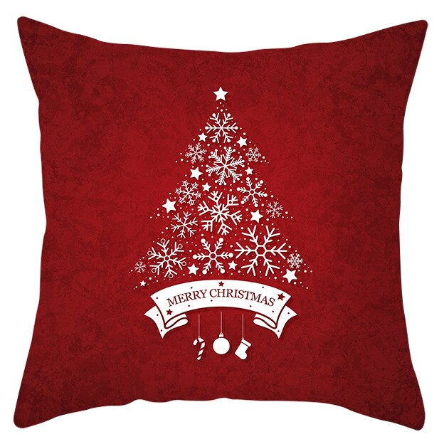 45cm by 45cm red pillowcase with drifting snow and falling flakes and reads "We Wish You a Merry Christmas Happy New Year"