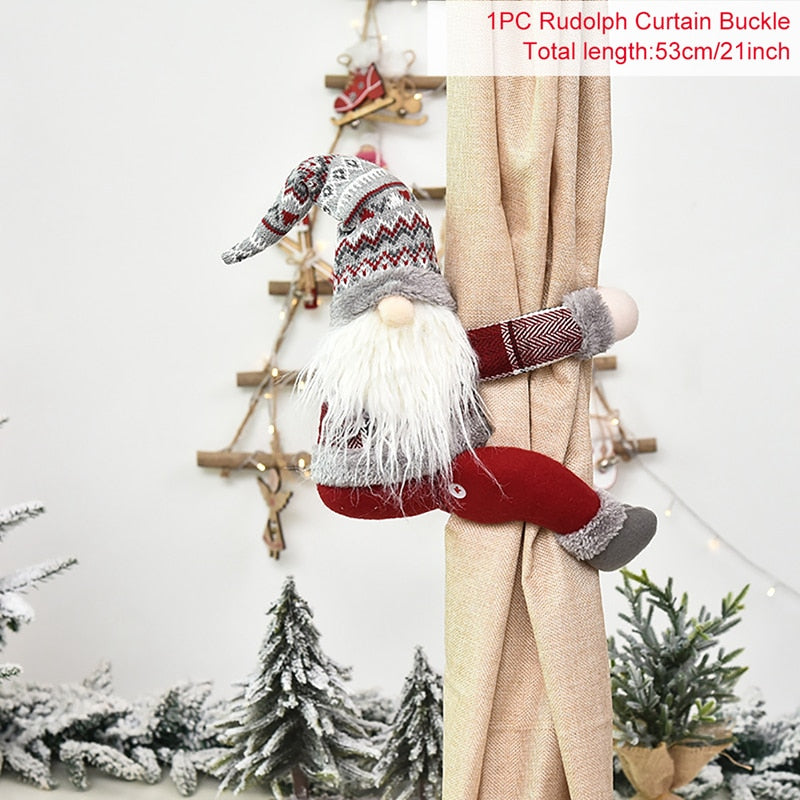 53cm by 21cm Christmas Santa curtain holder with red pants and grey and red boots, sweater, scarf, and hat